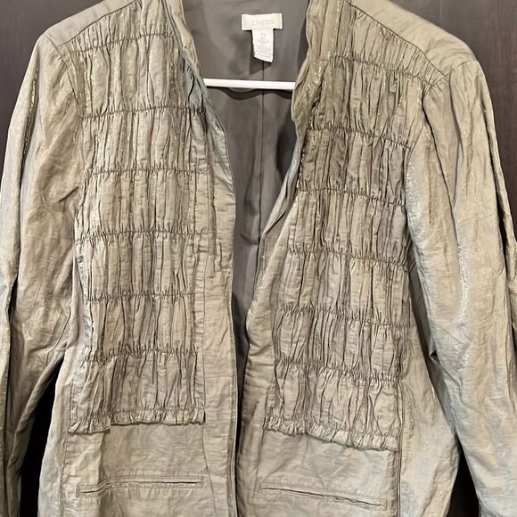 Chico's Open Smocked Light Jacket Olive Green with Shimmer Size Large - Picture 4 of 6
